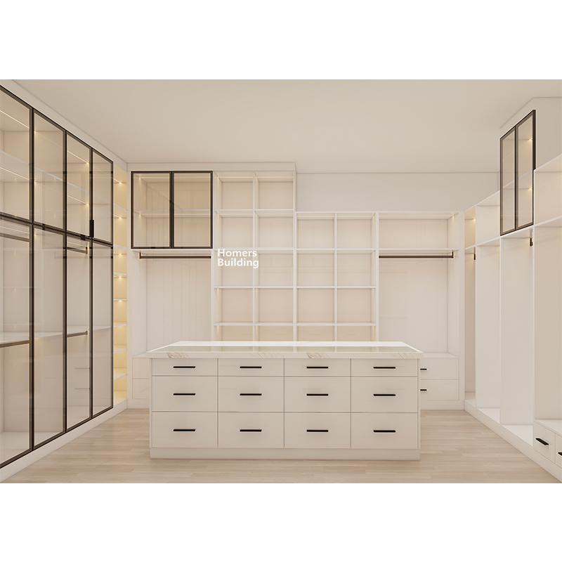 Minimalist Design Walk-in Robe With Clear Glass Sliding Doors For Master Bedroom Furniture Use With Closet Island