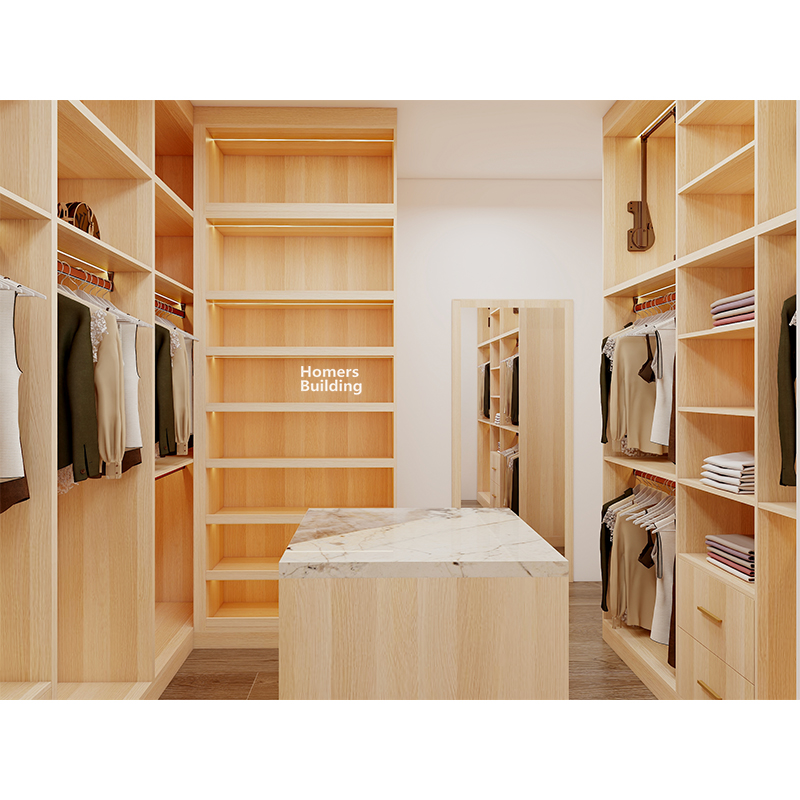 Master Bedroom Open Closet In Modern Light Wood Grain Melamine Finish With Wardrobe Island