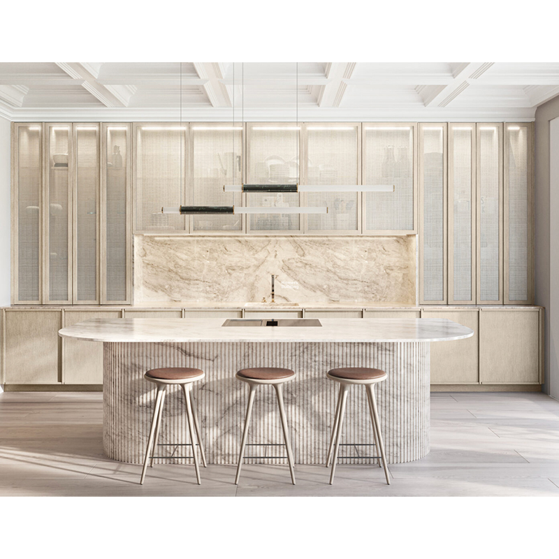 Slim Shaker Design White Oak Wood Veneer Kitchen <a href='/cabinet/'>Cabinet</a> With White Quartzite Stone Countertop