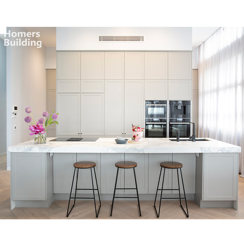 HomersBuilding Modern Warm White Lacquer Cupboards with Marble Stone Island Countertops