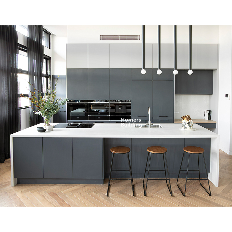 Custom Modern Grey Kitchen <a href='/cabinet/'>Cabinet</a> with Pure White Quartz Stone Waterfall Island