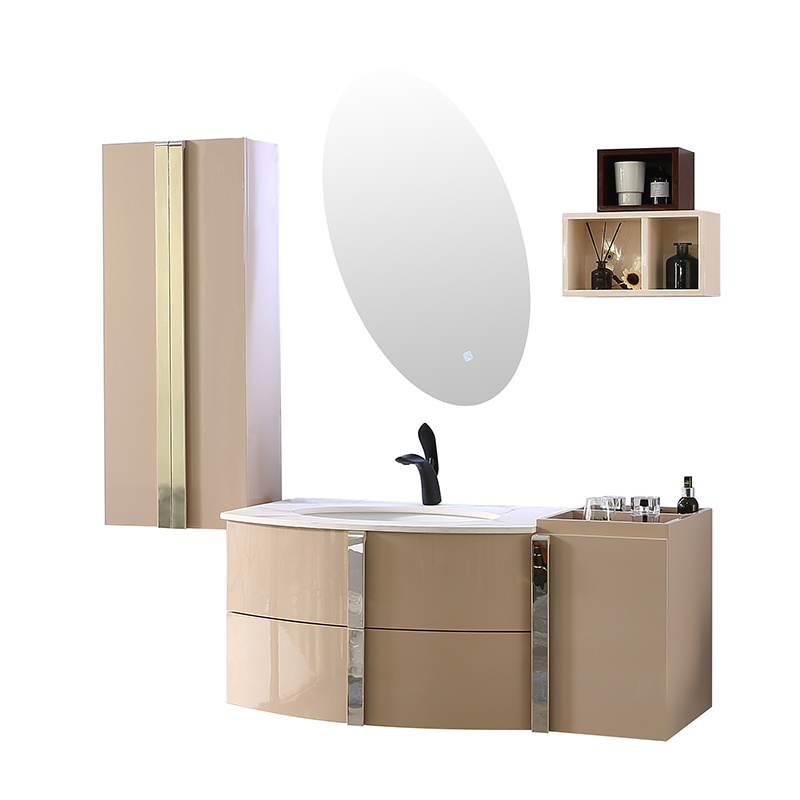 Khaki Color Modern PVC Bathroom Cabinet With Oval LED Mirror