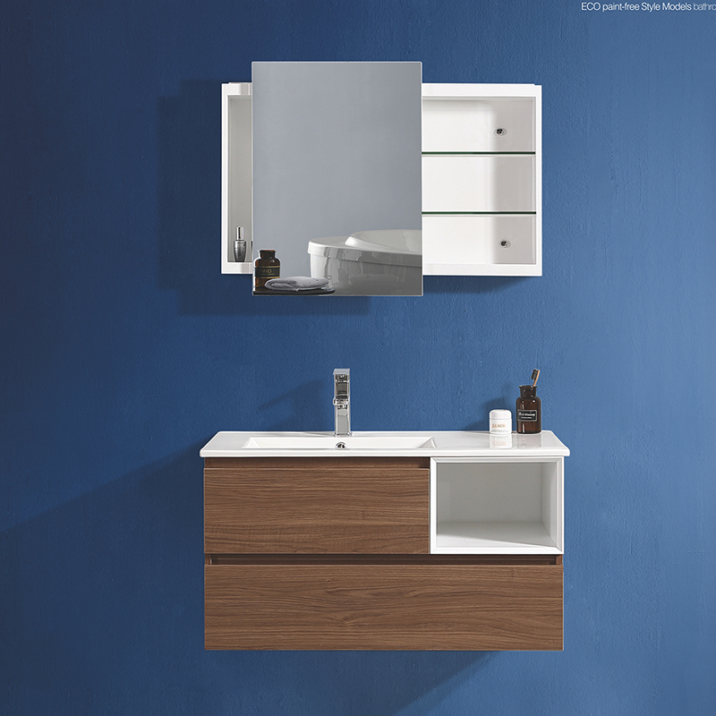 Modern Pvc And Plywood Bathroom Cabinet With Wood Grain Color Drawers