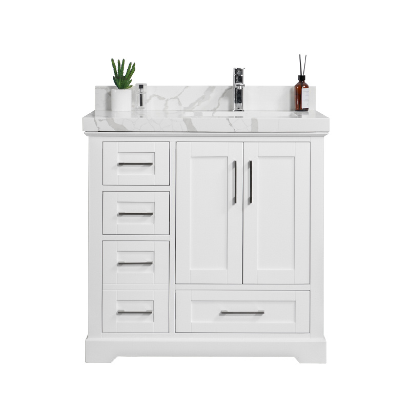 White Shaker Bathroom Cabinet With Quartz Countertop