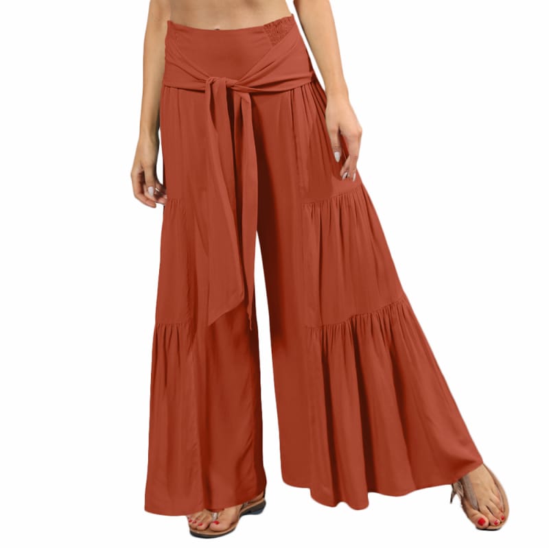 Women Summer Pleated High Waisted Wide Leg Pants Smocked Belted Casual Trousers