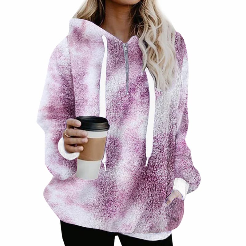 Women Faux Wool Zipped Pullover Hoodie