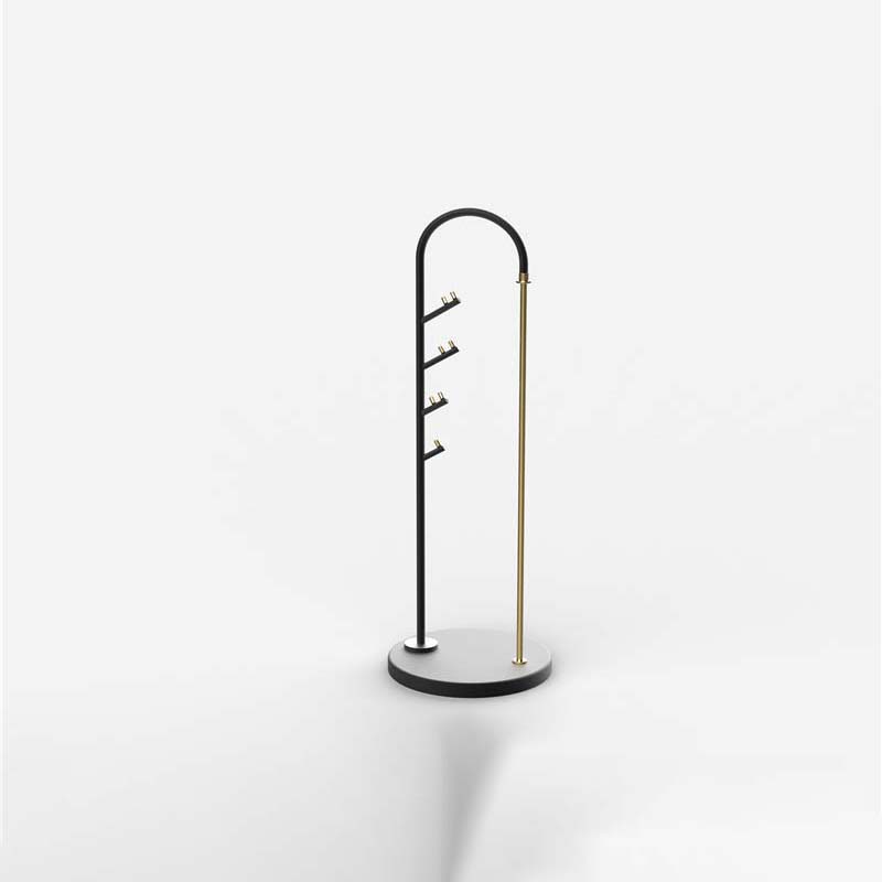 Ives Coat Racks Metal Gold Freestanding, <a href='/coat-hanger-stand/'>Coat Hanger Stand</a>, Hall Tree Coat Rack for Hanging Hats, Scarves, Bags, Modern Coat Rack with Double Shelves, Corner Coat Rack, 9 Hooks, Gold