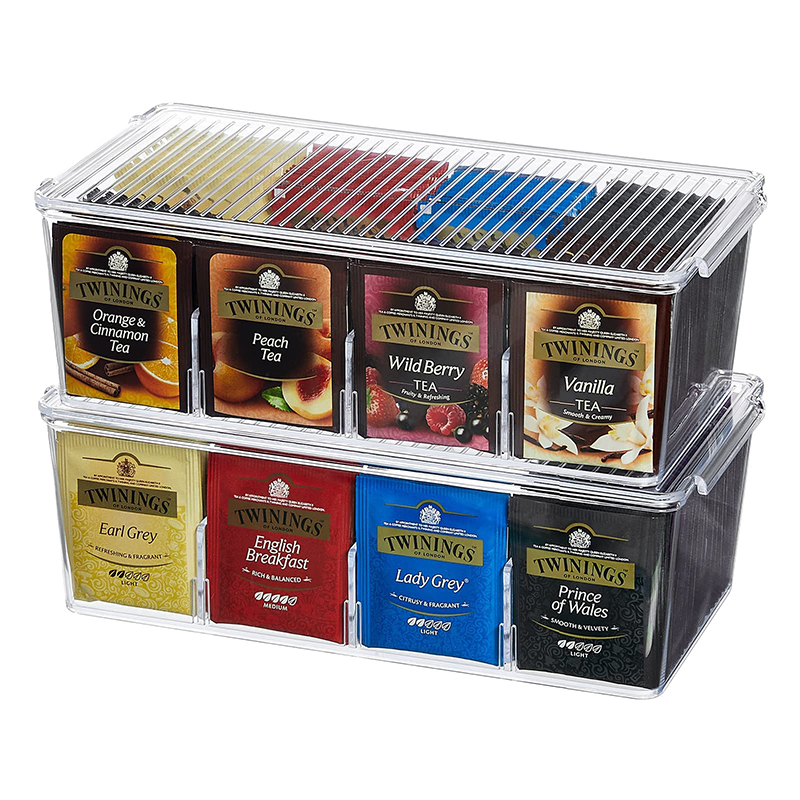 Wholesale Custom Stackable Tea Bag Organizer with Clear Top Lid Divided Storage Bin Box For Kitchen Cabinets
