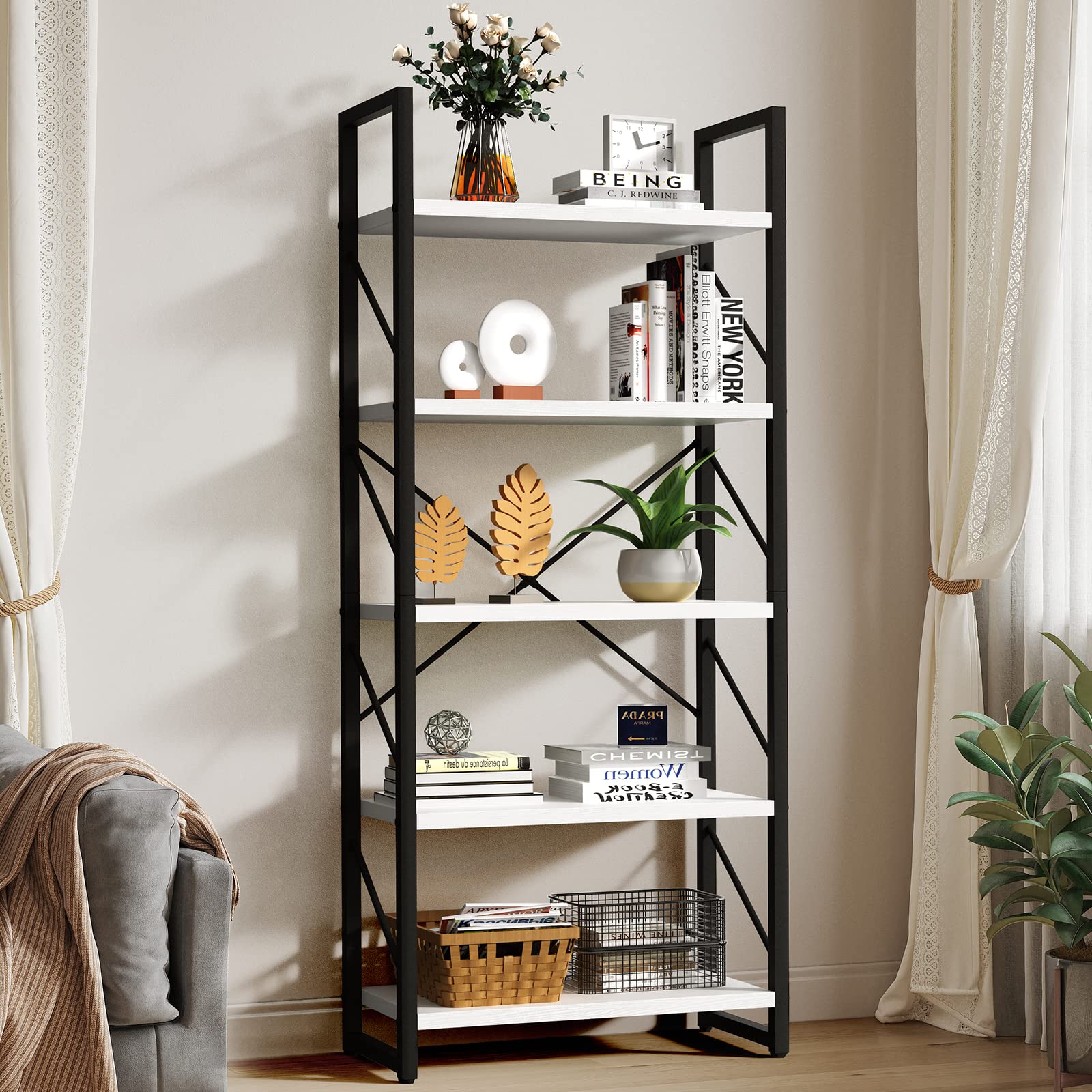 5 Tiers Bookshelf Classically Modern White Bookshelf Book Rack Storage Holder Organizer