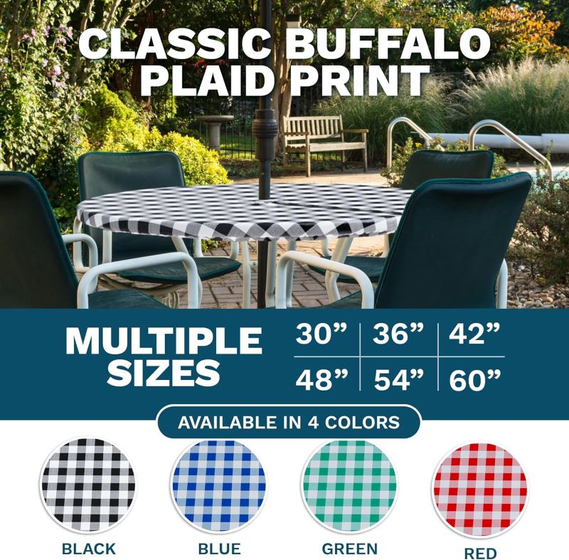 Vinyl Umbrella Round Tablecloth With Elastic Edges, Flannel Backing, Checkered Design