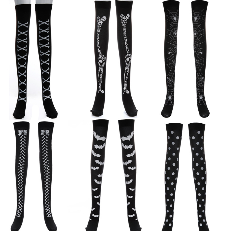 Halloween Skeleton Over Knee Socks Cobweb/Skull/Bat Print Thigh-high Stocking For Warmer Party Cosplay Costume Props