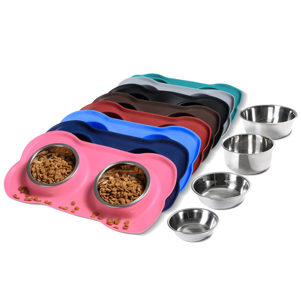 2 Stainless Steel <a href='/pet-dog-bowl/'>Pet Dog Bowl</a> with No Spill Non-Skid Silicone Mat