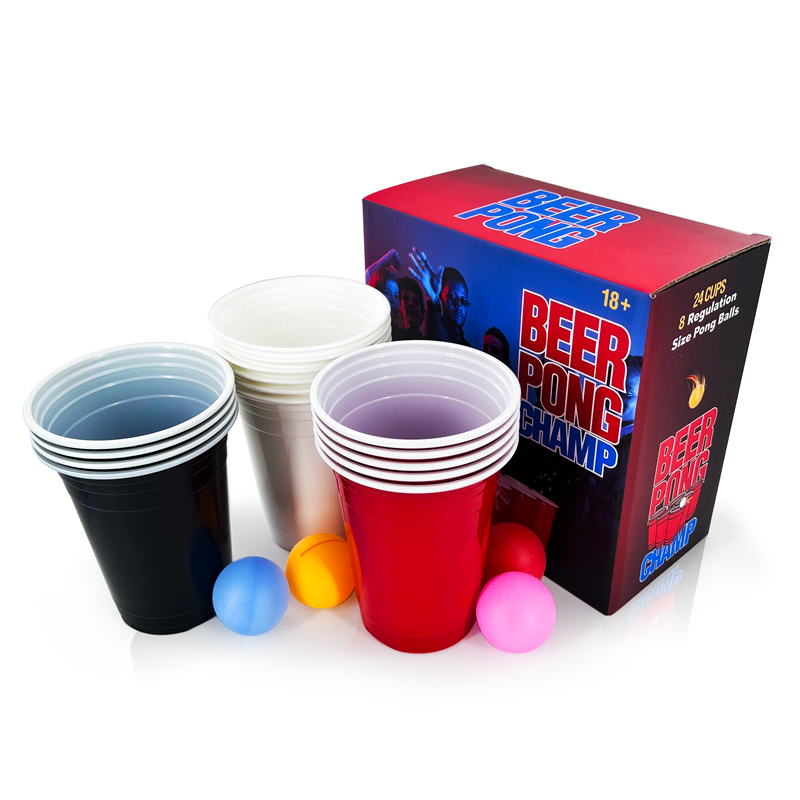 Beer Pong Kit 8 Ping Pong Balls Set of 24 Plastic Cups 16oz Red Party Cups Color Box