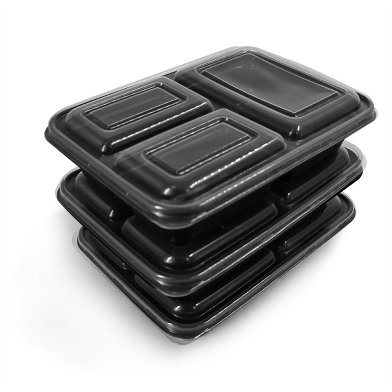 Three Compartment Rectangular Plastic Food Containers-Black Base/Clear Lid