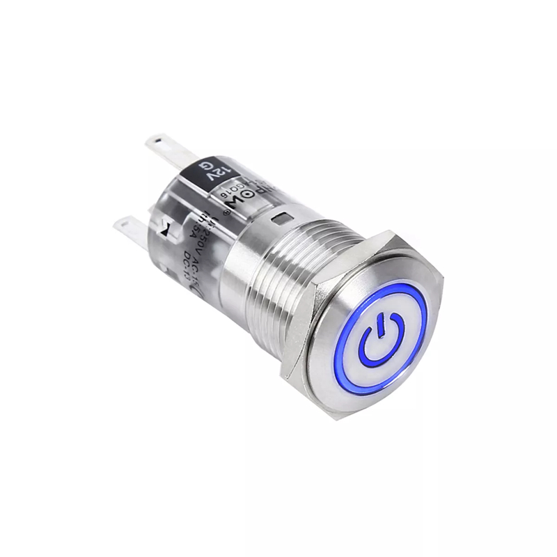 16MM metal Stainless steel <a href='/1no1nc/'>1NO1NC</a> 2NO2NC momentary latching push button switch with power illuminated symbol PM164F-11ET/S