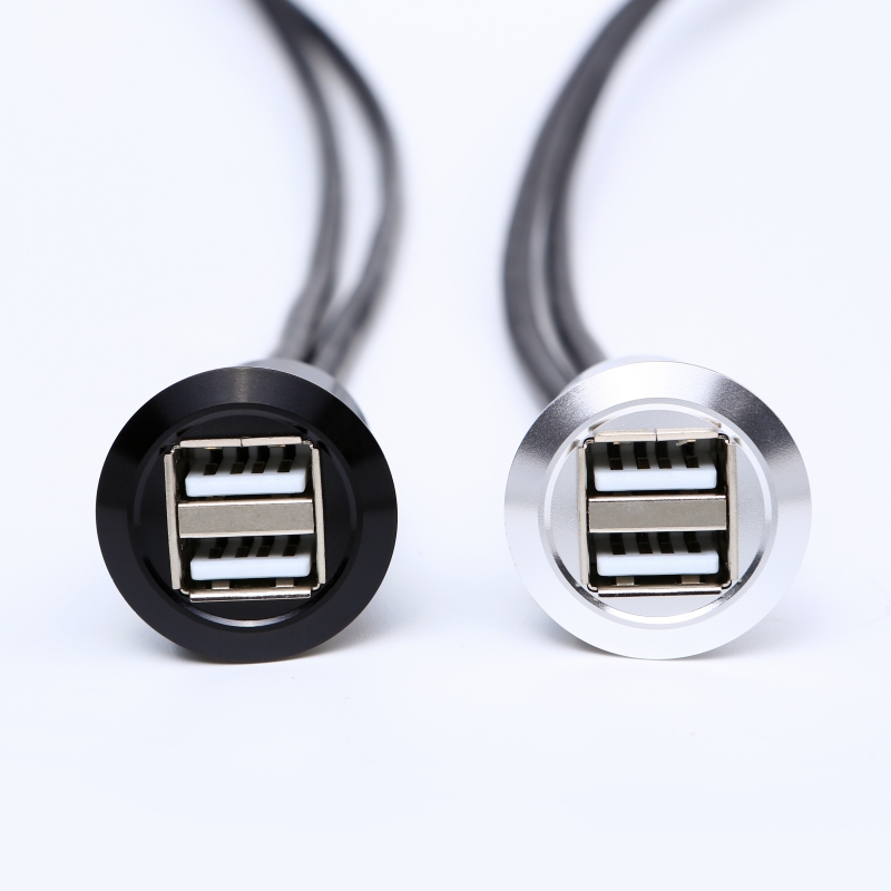 22mm mounting diameter metal Aluminium anodized USB connector socket double layer <a href='/2*usb2-0/'>2*USB2.0</a> Female A to male A with 60CM cable